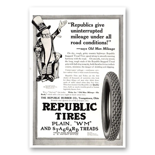 1915 Republic Tires Old Man Mileage Vintage Magazine Print Ad