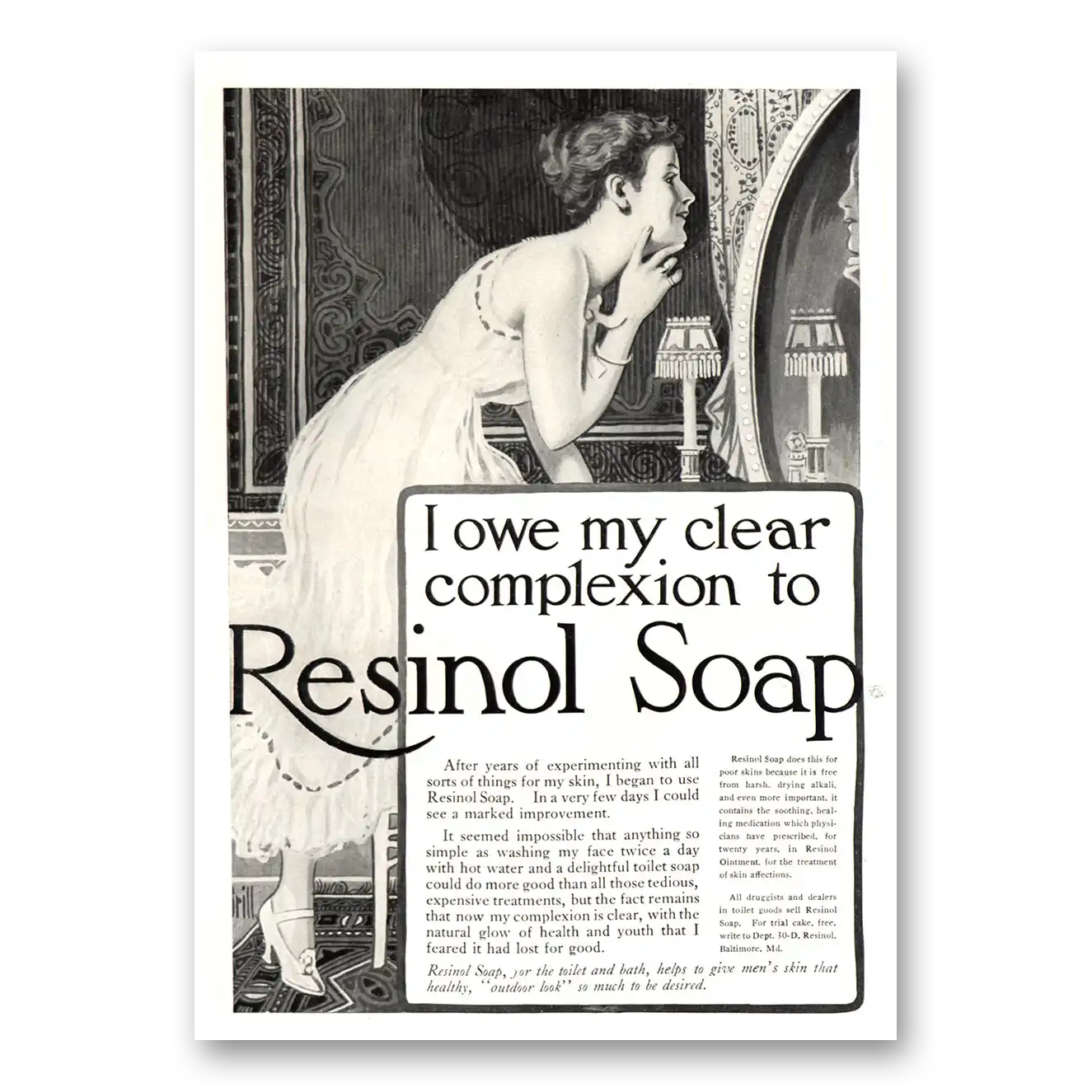 1915 Resinol Soap I Owe My Clear Complexion Vintage Magazine Print Ad