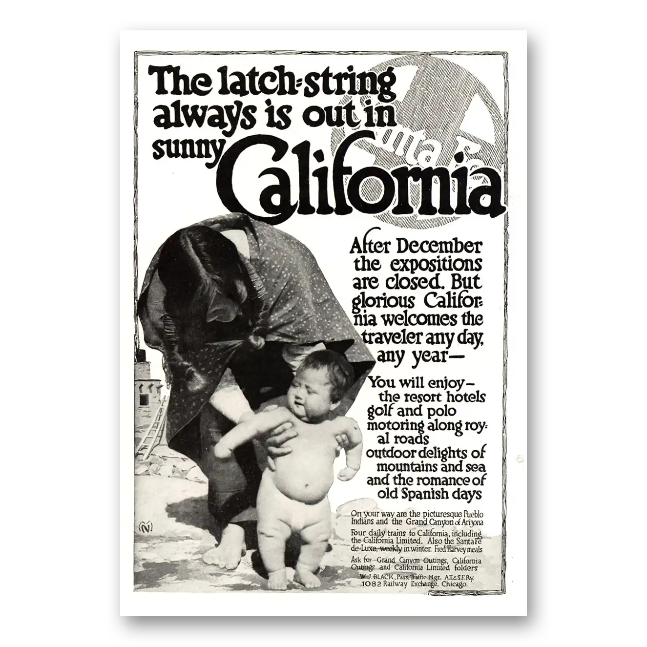 1915 Santa Fe Railway Latch String Always is Out Vintage Magazine Print Ad