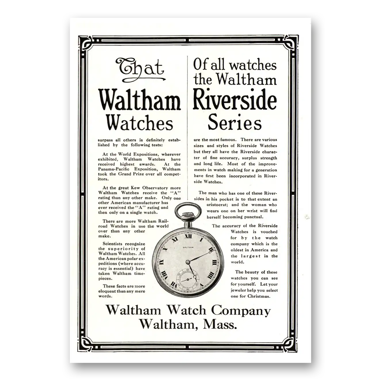 1915 Waltham Watch Riverside Series Vintage Magazine Print Ad