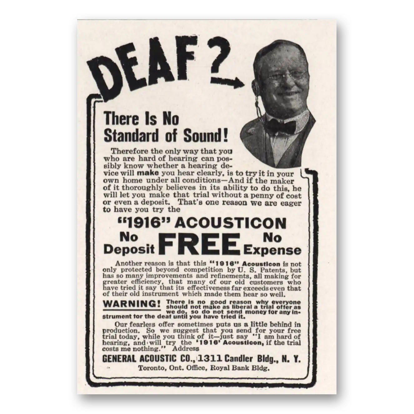 1916 Acousticon Hearing Aid Deaf There Is No Standard of Sound Vintage Magazine Print Ad