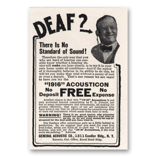 1916 Acousticon Hearing Aid Deaf There Is No Standard of Sound Vintage Magazine Print Ad