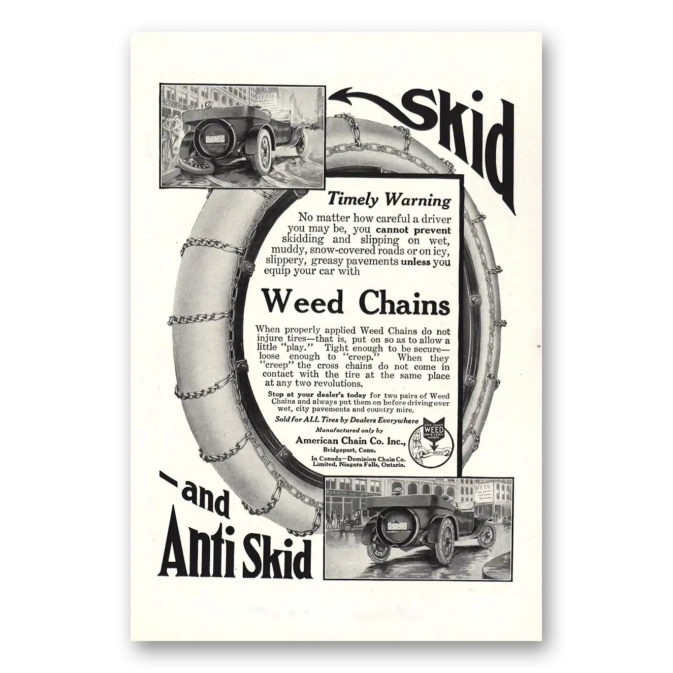 1916 American Chain Company Weed Chains Skid Timely Warning Vintage Magazine Print Ad