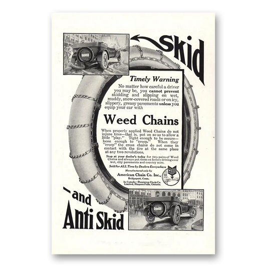 1916 American Chain Company Weed Chains Skid Timely Warning Vintage Magazine Print Ad