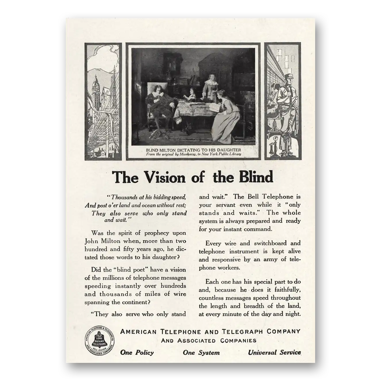 1916 American Telephone Vision of the Blind Vintage Magazine Print Ad