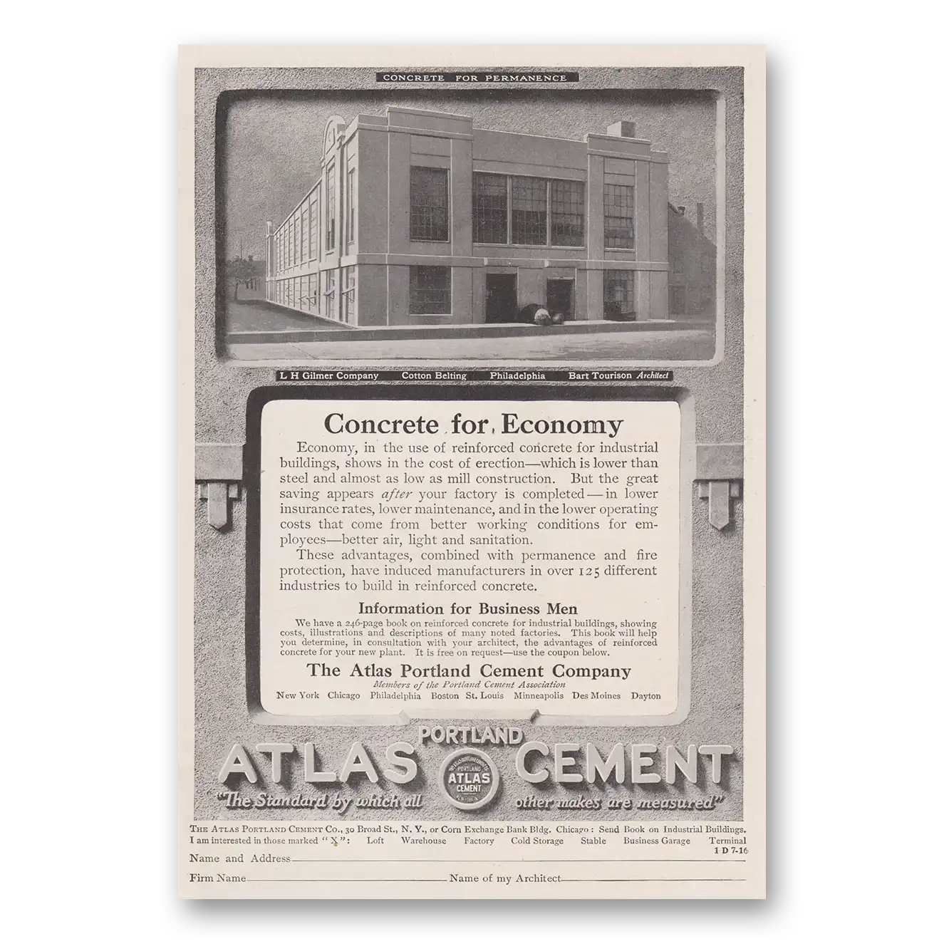 1916 Atlas Portland Cement Concrete for Economy Vintage Magazine Print Ad