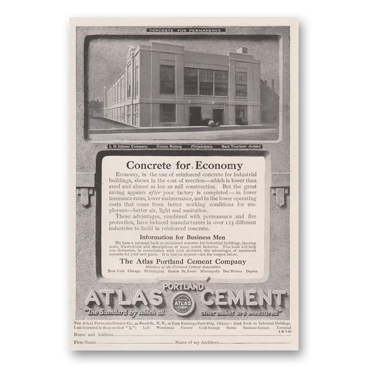 1916 Atlas Portland Cement Concrete for Economy Vintage Magazine Print Ad