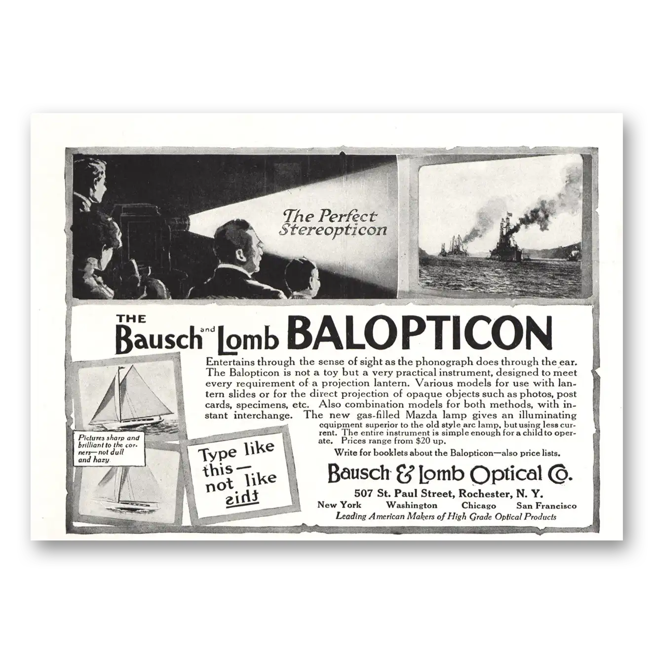 1916 Bausch & Lomb Balopticon Perfect Stereopticon Vintage Magazine Print Ad