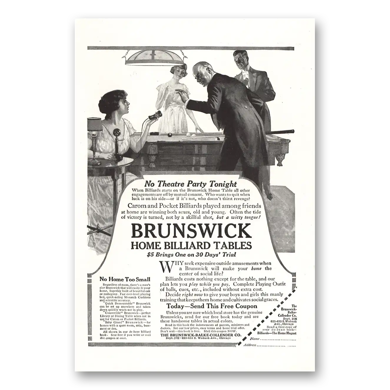 1916 Brunswick Billiard Tables No Theatre Party Tonight Vintage Magazine Print Ad