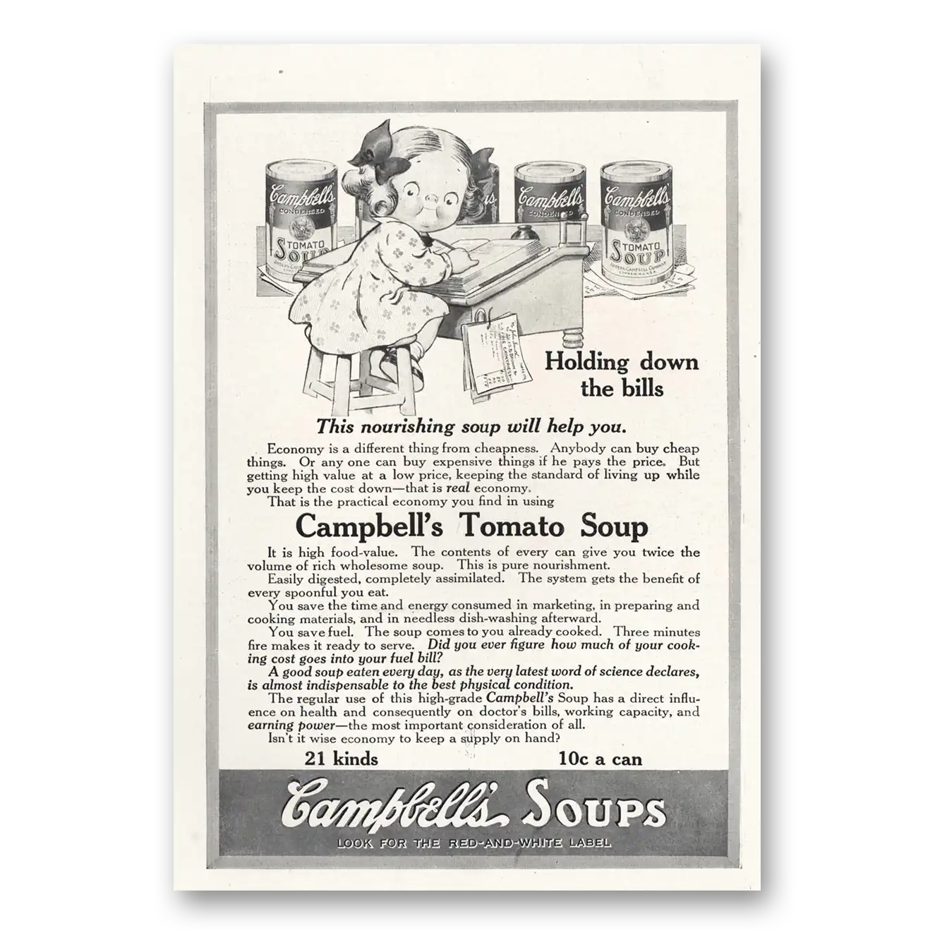 1916 Campbells Tomato Soup Holding Down the Bills Vintage Magazine Print Ad