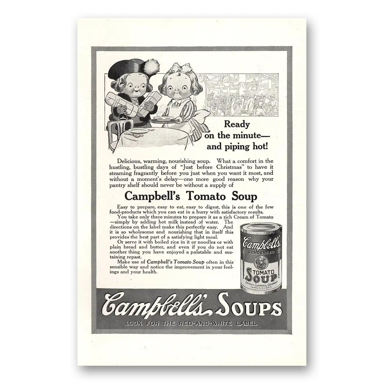 1916 Campbells Tomato Soup Ready On the Minute Piping Hot Vintage Magazine Print Ad