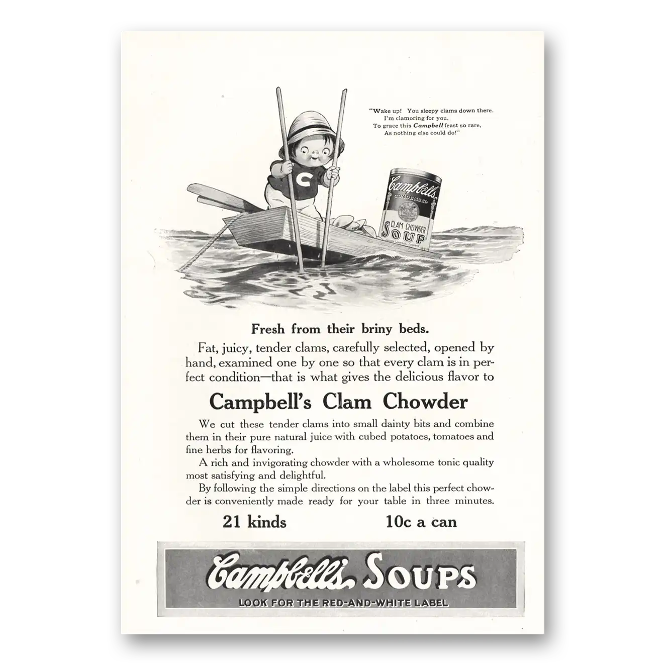 1916 Campbells Clam Chowder Soup Clam Chowder Fresh From Briny Beds Vintage Magazine Print Ad