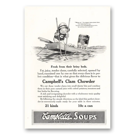 1916 Campbells Clam Chowder Soup Clam Chowder Fresh From Briny Beds Vintage Magazine Print Ad