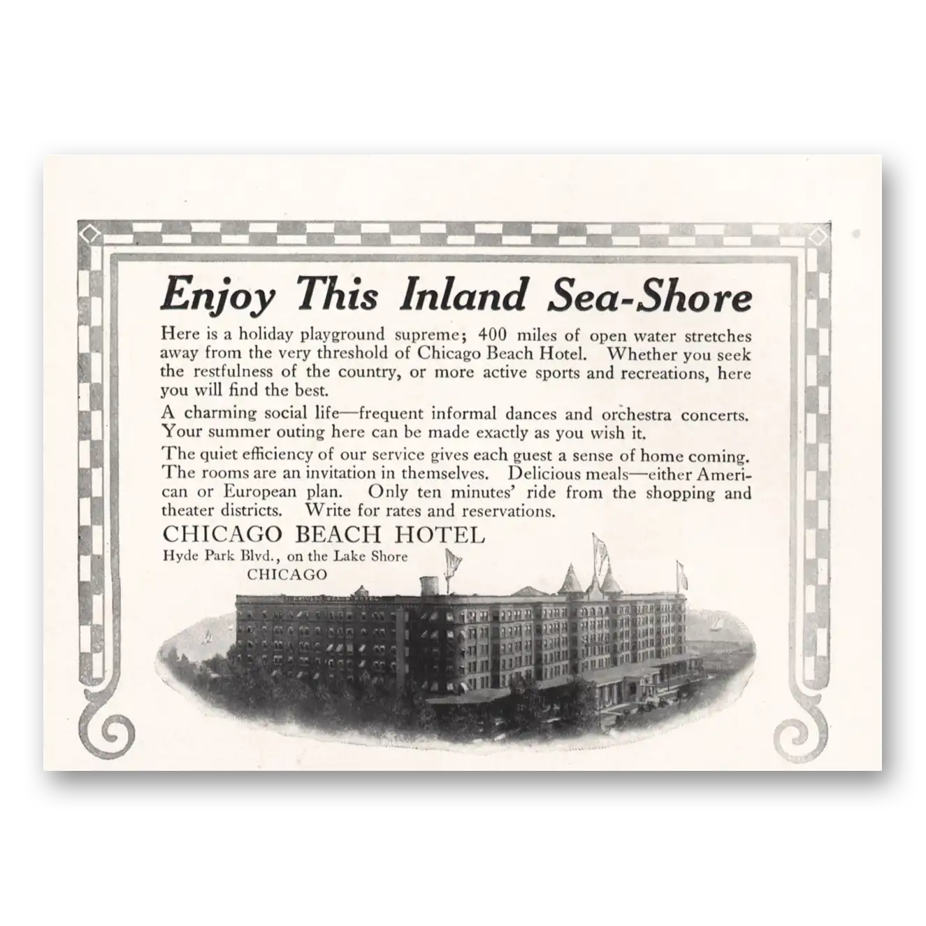 1916 Chicago Beach Hotel Inland Sea Shore Vintage Magazine Print Ad