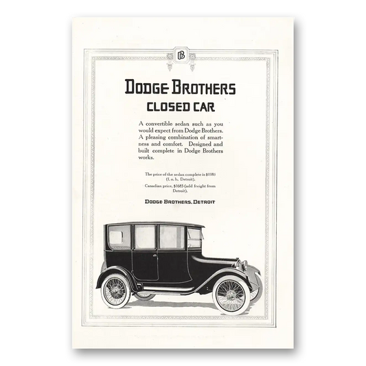 1916 Dodge Closed Car Convertible Sedan Vintage Magazine Print Ad