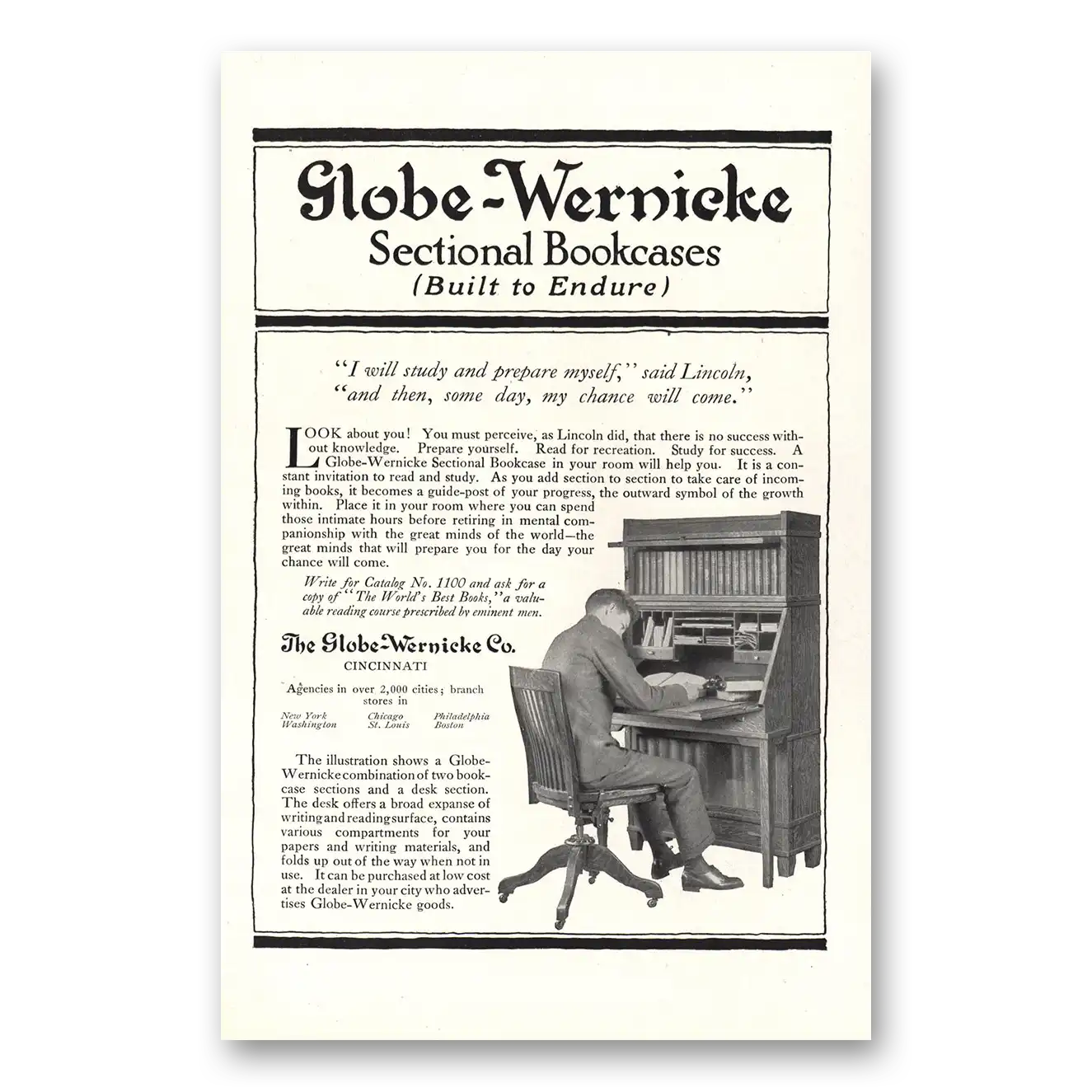 1916 Globe Wernicke Sectional Bookcases Built to Endure Vintage Magazine Print Ad