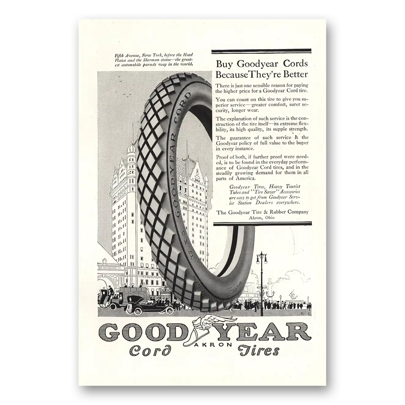 1916 Goodyear Tires Cord Tires Fifth Avenue New York Vintage Magazine Print Ad