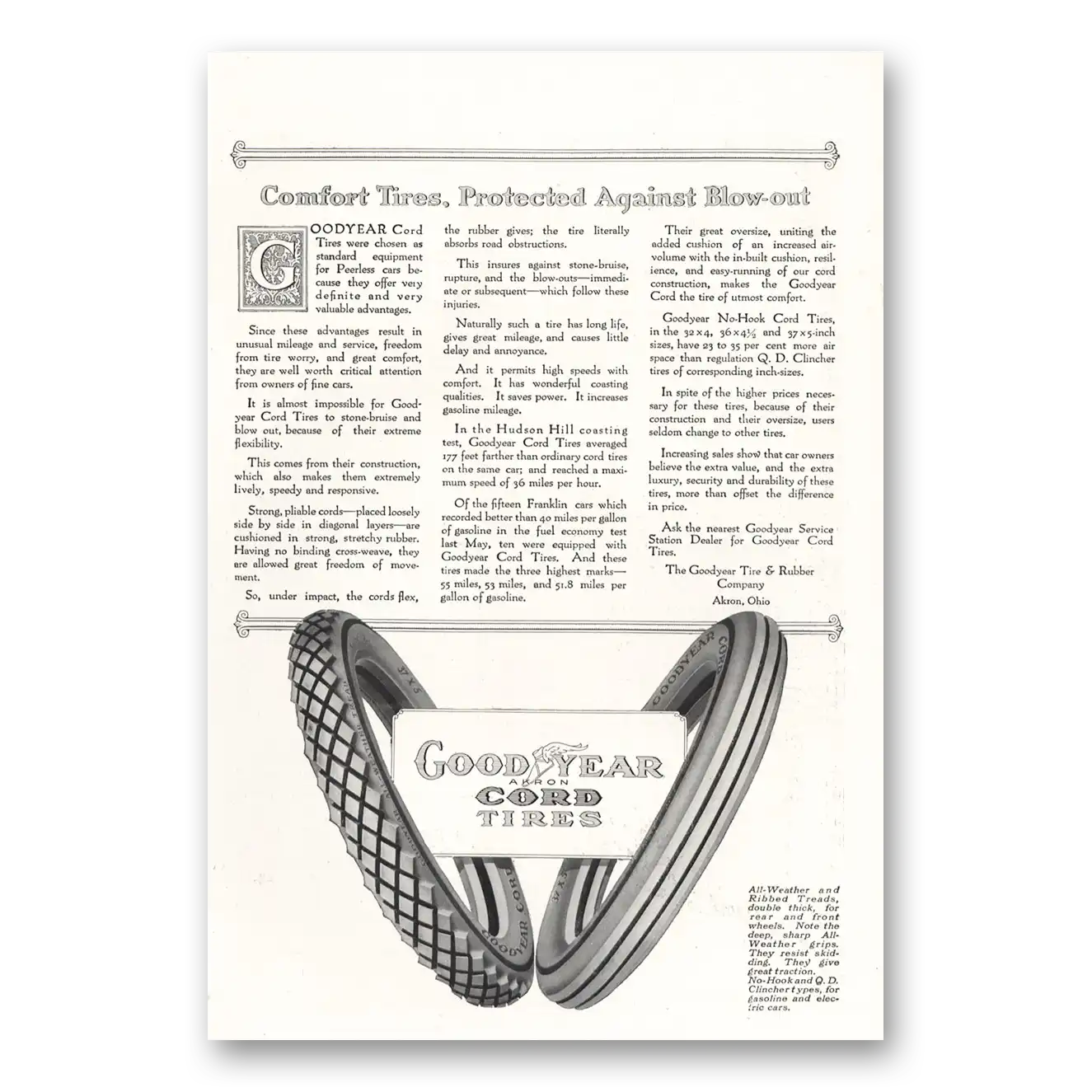 1916 Goodyear Tires Cord Tires Comfort Tires Protected Against Blow Out Vintage Magazine Print Ad