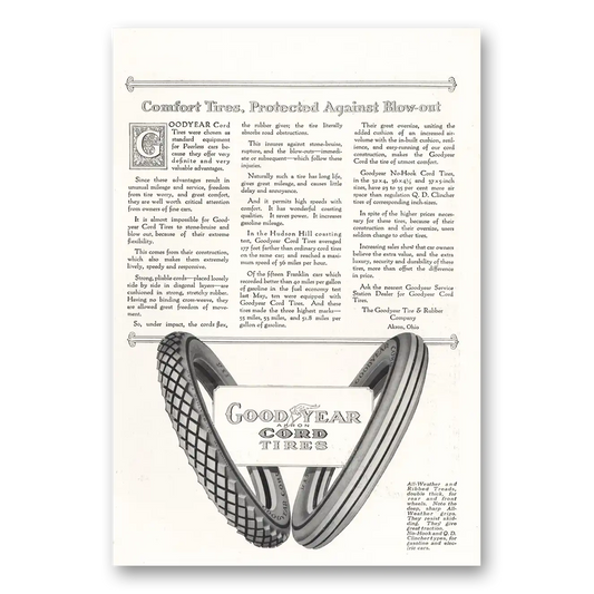 1916 Goodyear Tires Cord Tires Comfort Tires Protected Against Blow Out Vintage Magazine Print Ad