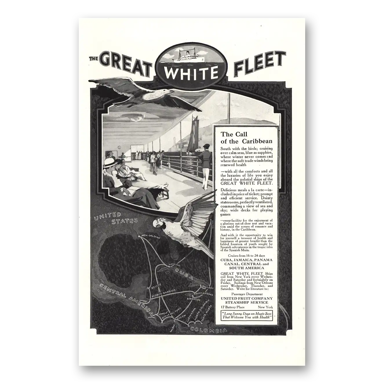 1916 Great White Fleet Caribbean South With the Birds Vintage Magazine Print Ad