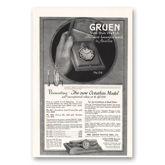 1916 Gruen Veri Thin Watch Ocathin Model Vintage Magazine Print Ad