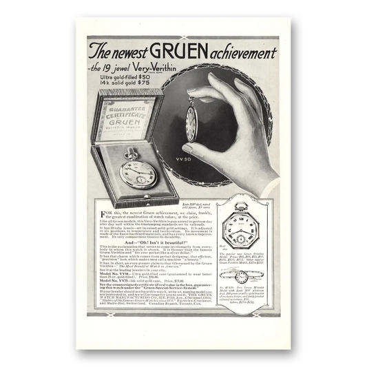 1916 Gruen Veri Thin Watch Newest Achievement 19 Jewel Vintage Magazine Print Ad