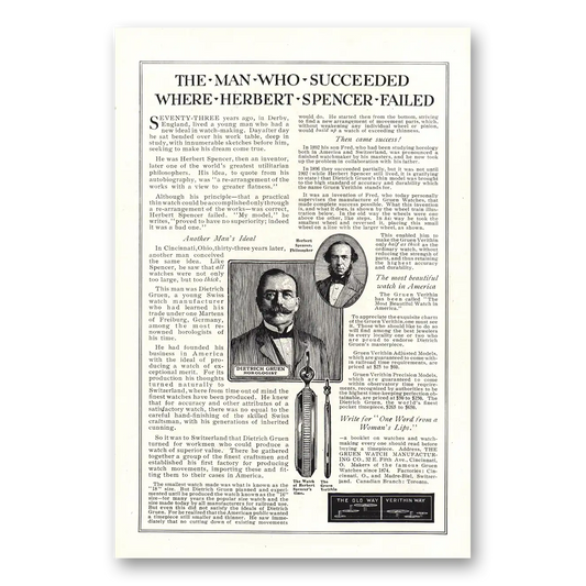 1916 Gruen Watch Man Who Succeeded Herbert Spencer Failed Vintage Magazine Print Ad