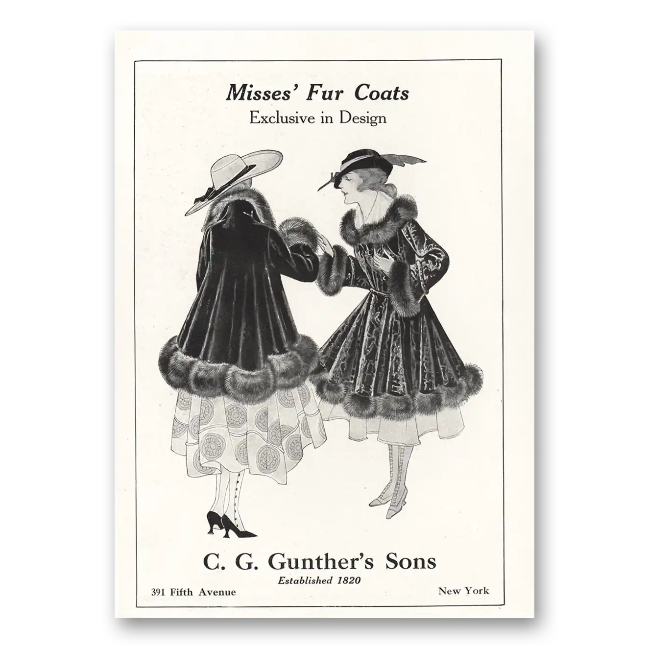 1916 C G Gunther's Sons Misses Fur Coats Vintage Magazine Print Ad