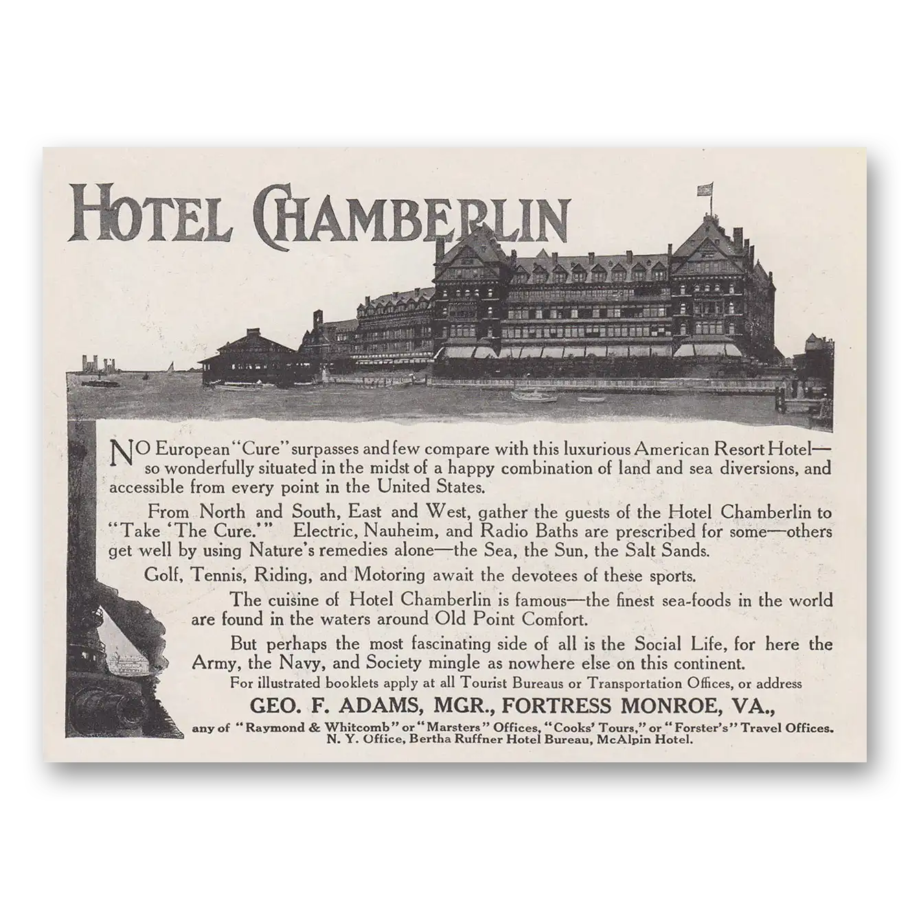 1916 Hotel Chamberlin No European Cure Vintage Magazine Print Ad