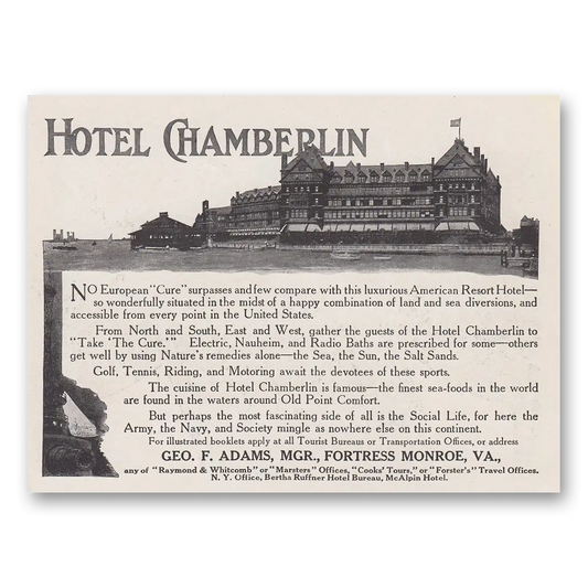 1916 Hotel Chamberlin No European Cure Vintage Magazine Print Ad