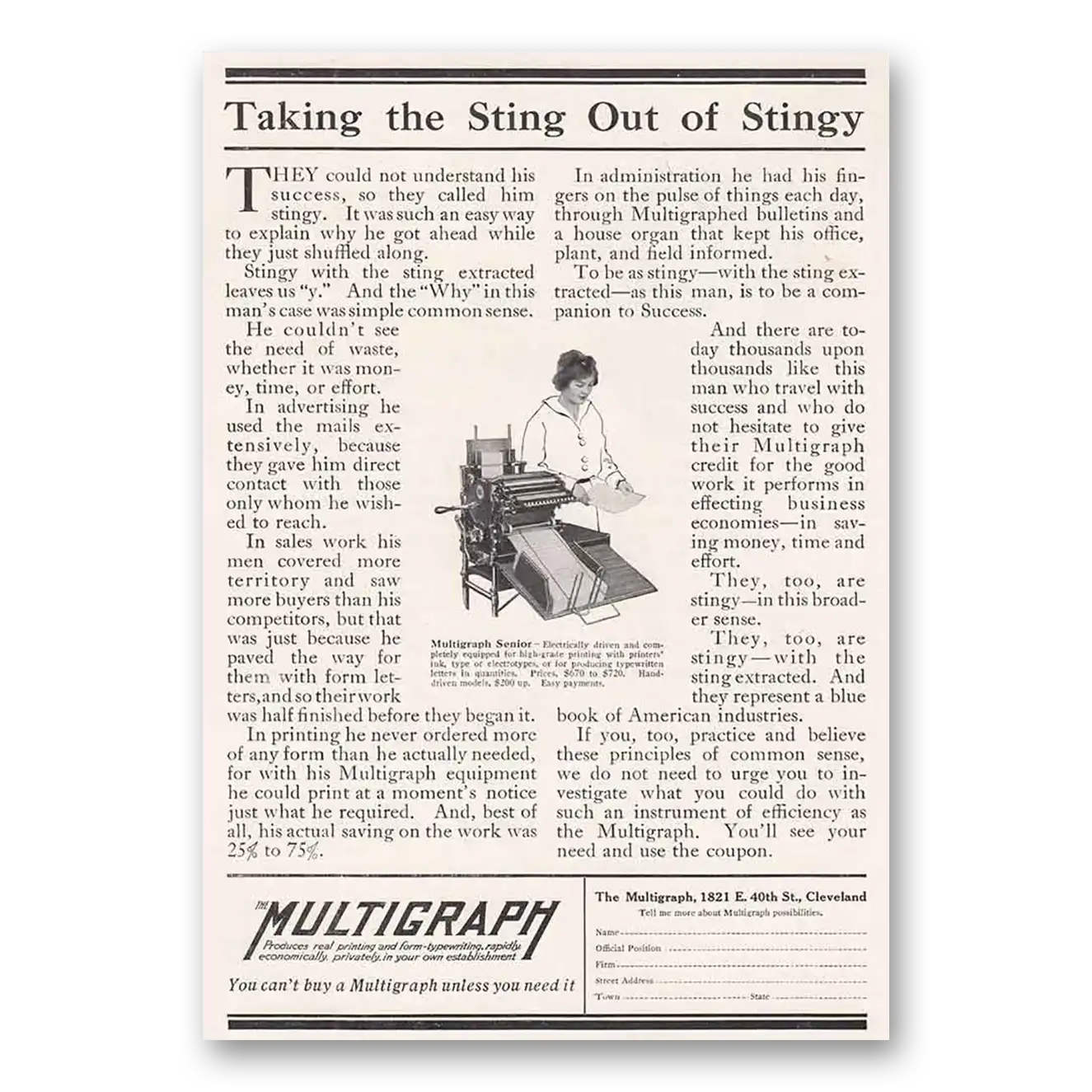 1916 Multigraph Taking the Sting Out of Stingy Vintage Magazine Print Ad