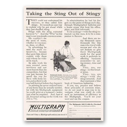 1916 Multigraph Taking the Sting Out of Stingy Vintage Magazine Print Ad