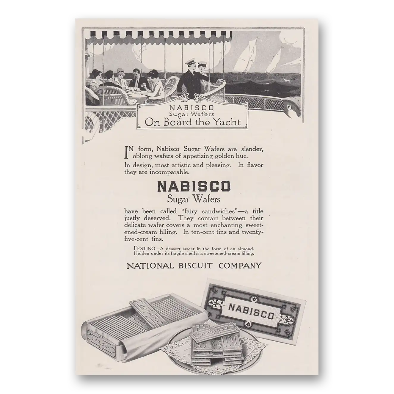 1915 Nabisco Cookies Sugar Wafers On Board the Yacht Vintage Magazine Print Ad