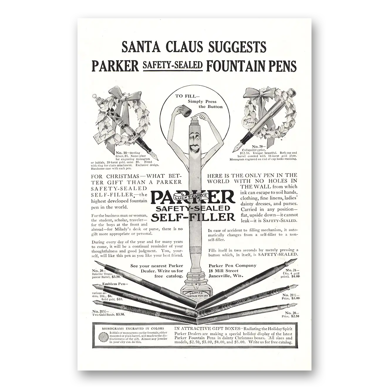 1916 Parker Self Filler Pen Santa Claus Suggests Vintage Magazine Print Ad