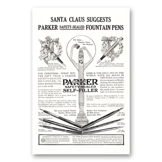 1916 Parker Self Filler Pen Santa Claus Suggests Vintage Magazine Print Ad