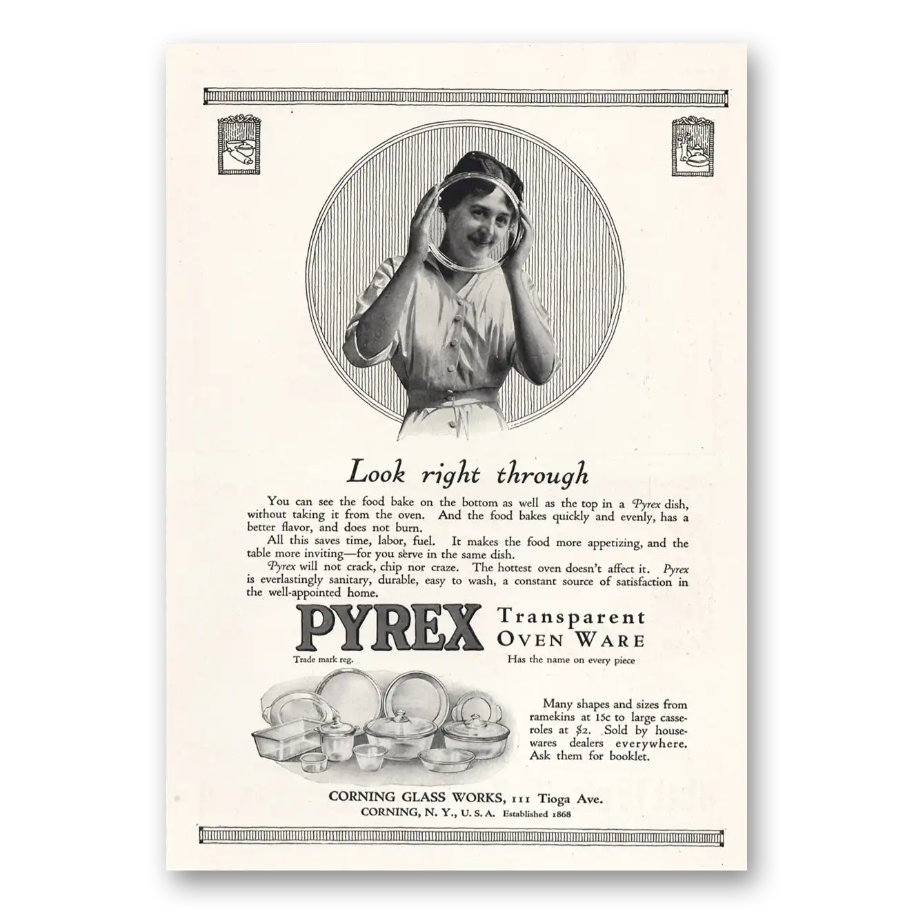 1916 Pyrex Oven Ware Transparent Oven Ware Look Right Through Vintage Magazine Print Ad