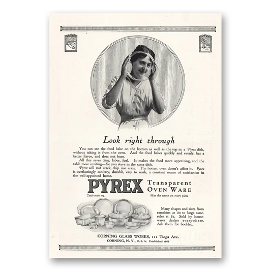 1916 Pyrex Oven Ware Transparent Oven Ware Look Right Through Vintage Magazine Print Ad