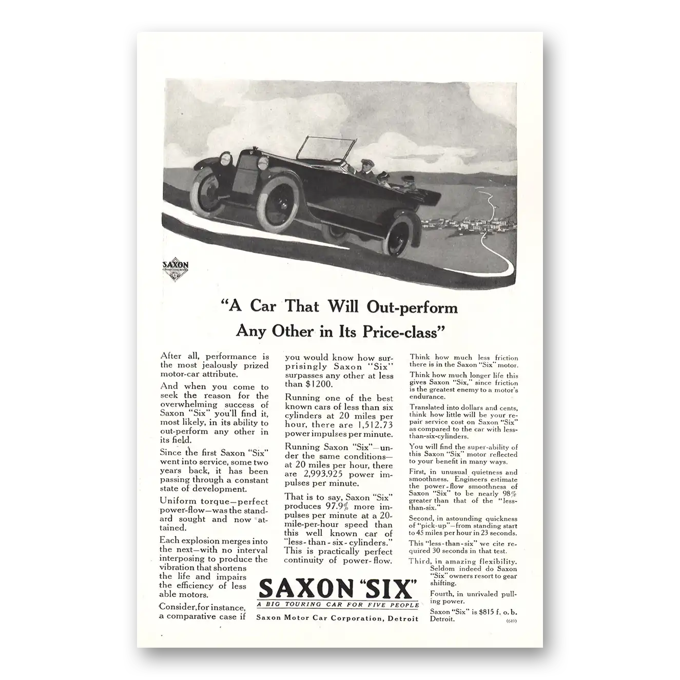 1916 Saxon Six Car That Will Out Perform Vintage Magazine Print Ad