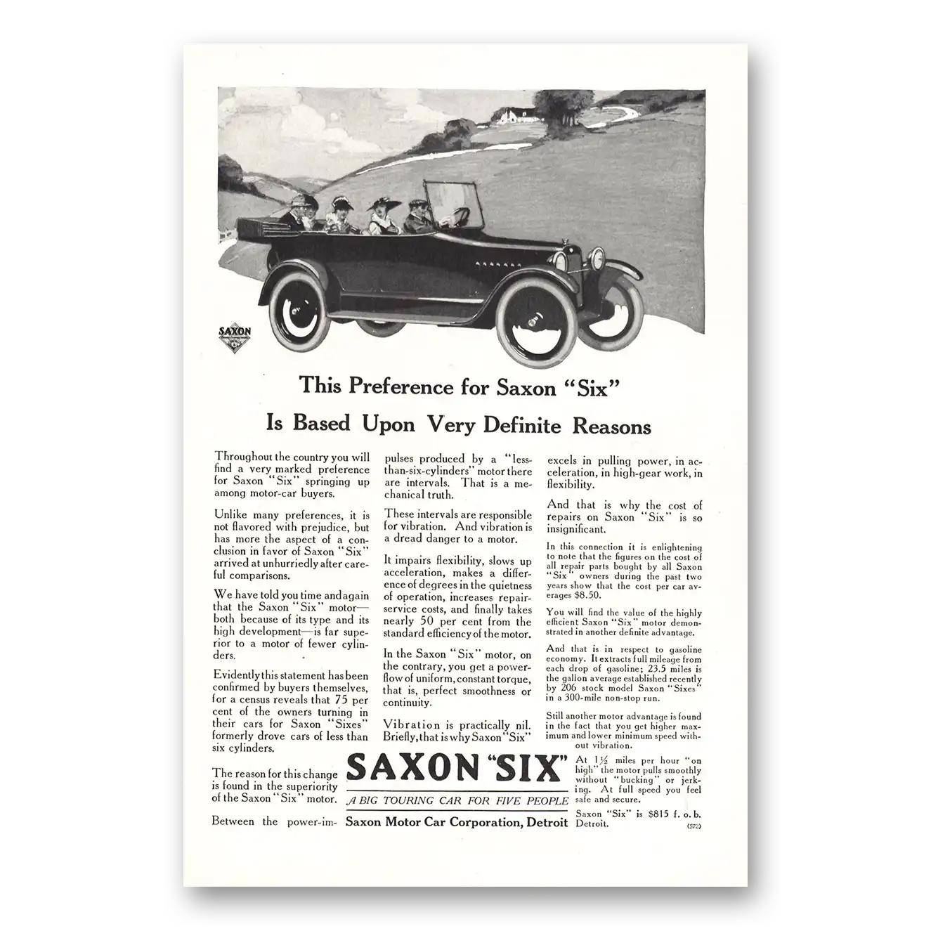 1916 Saxon Six Based Upon Very Definite Reasons Vintage Magazine Print Ad