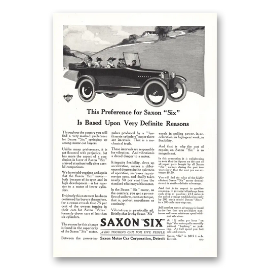 1916 Saxon Six Based Upon Very Definite Reasons Vintage Magazine Print Ad