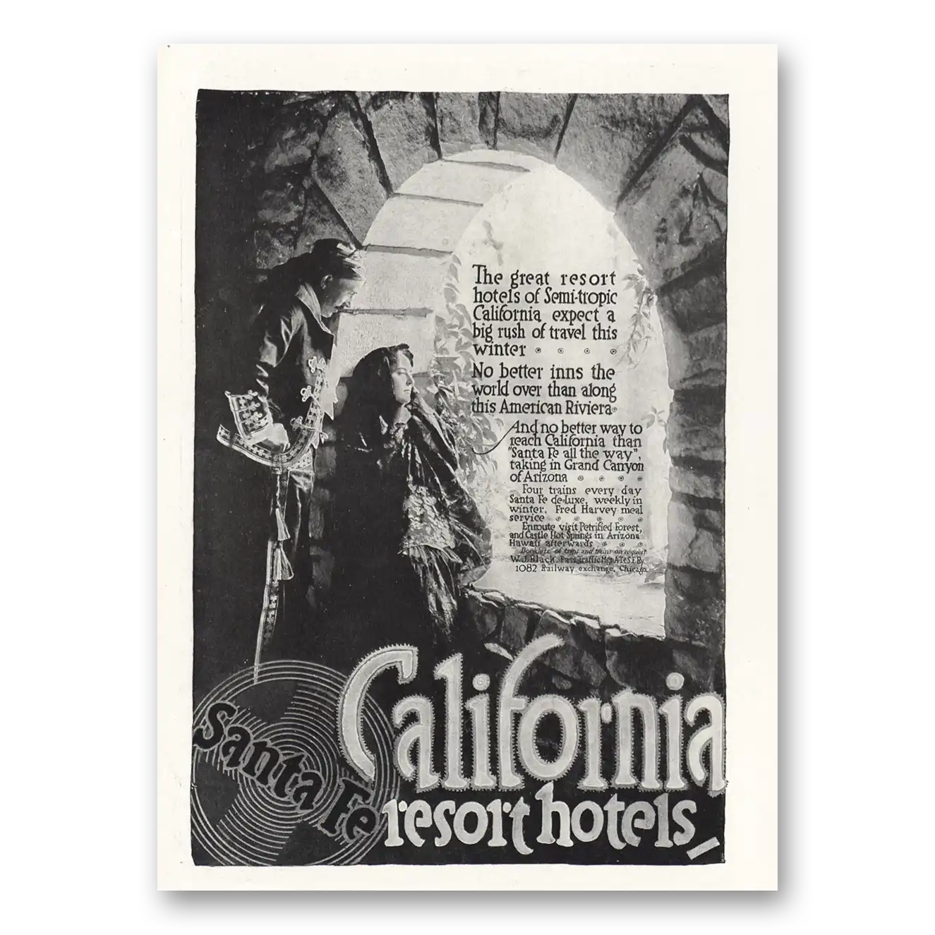 1916 Santa Fe Railway California Resort Hotels Vintage Magazine Print Ad