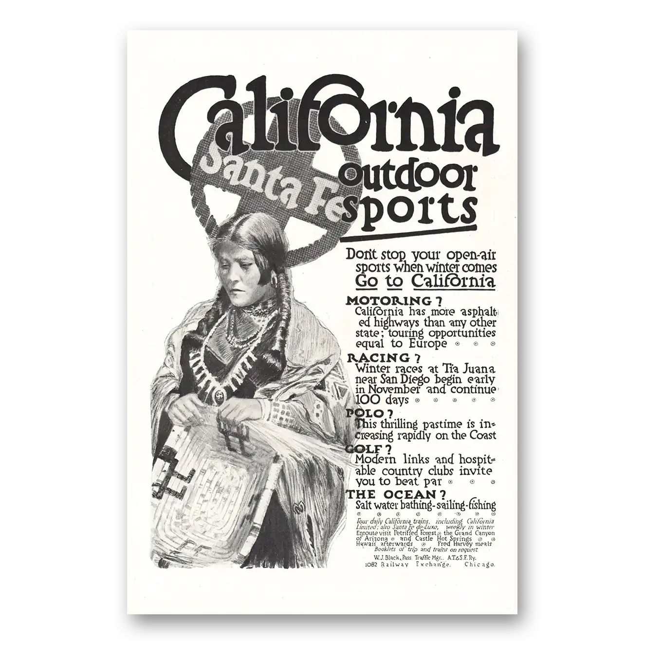 1916 Santa Fe Railway California Outdoor Sports Vintage Magazine Print Ad