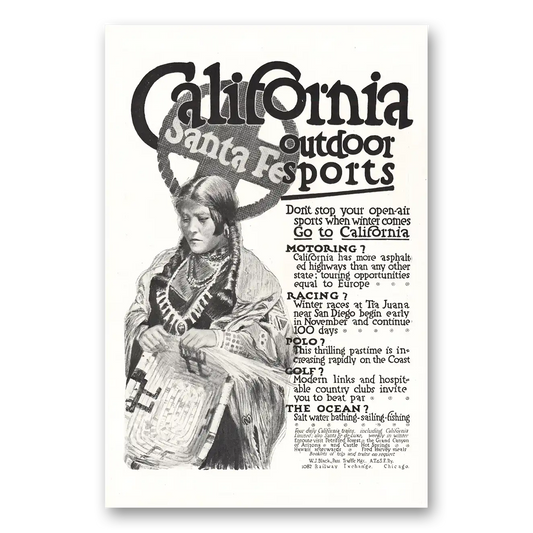 1916 Santa Fe Railway California Outdoor Sports Vintage Magazine Print Ad