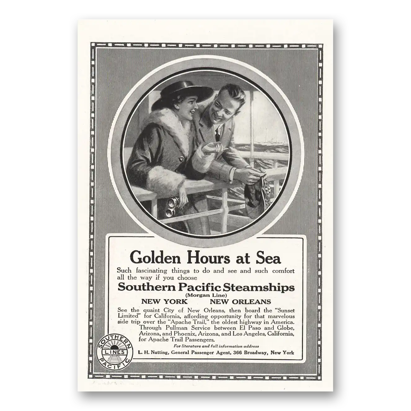 1916 Southern Pacific Steamships Golden Hours at Sea Vintage Magazine Print Ad