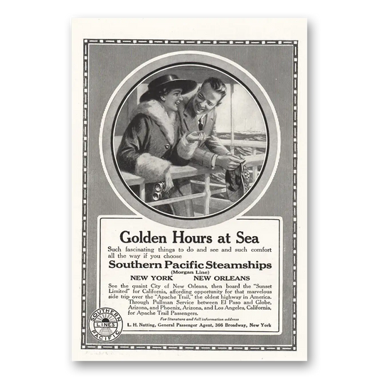 1916 Southern Pacific Steamships Golden Hours at Sea Vintage Magazine Print Ad