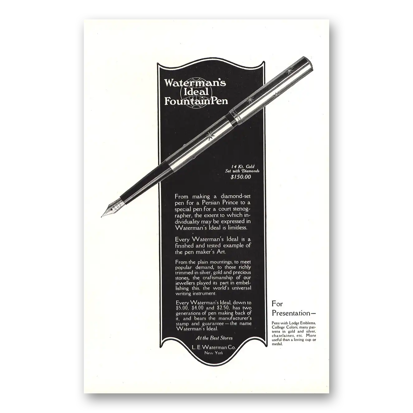 1916 Watermans Ideal Fountain Pen Diamond Set Pen for a Persian Prince Vintage Magazine Print Ad