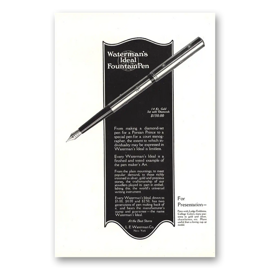 1916 Watermans Ideal Fountain Pen Diamond Set Pen for a Persian Prince Vintage Magazine Print Ad