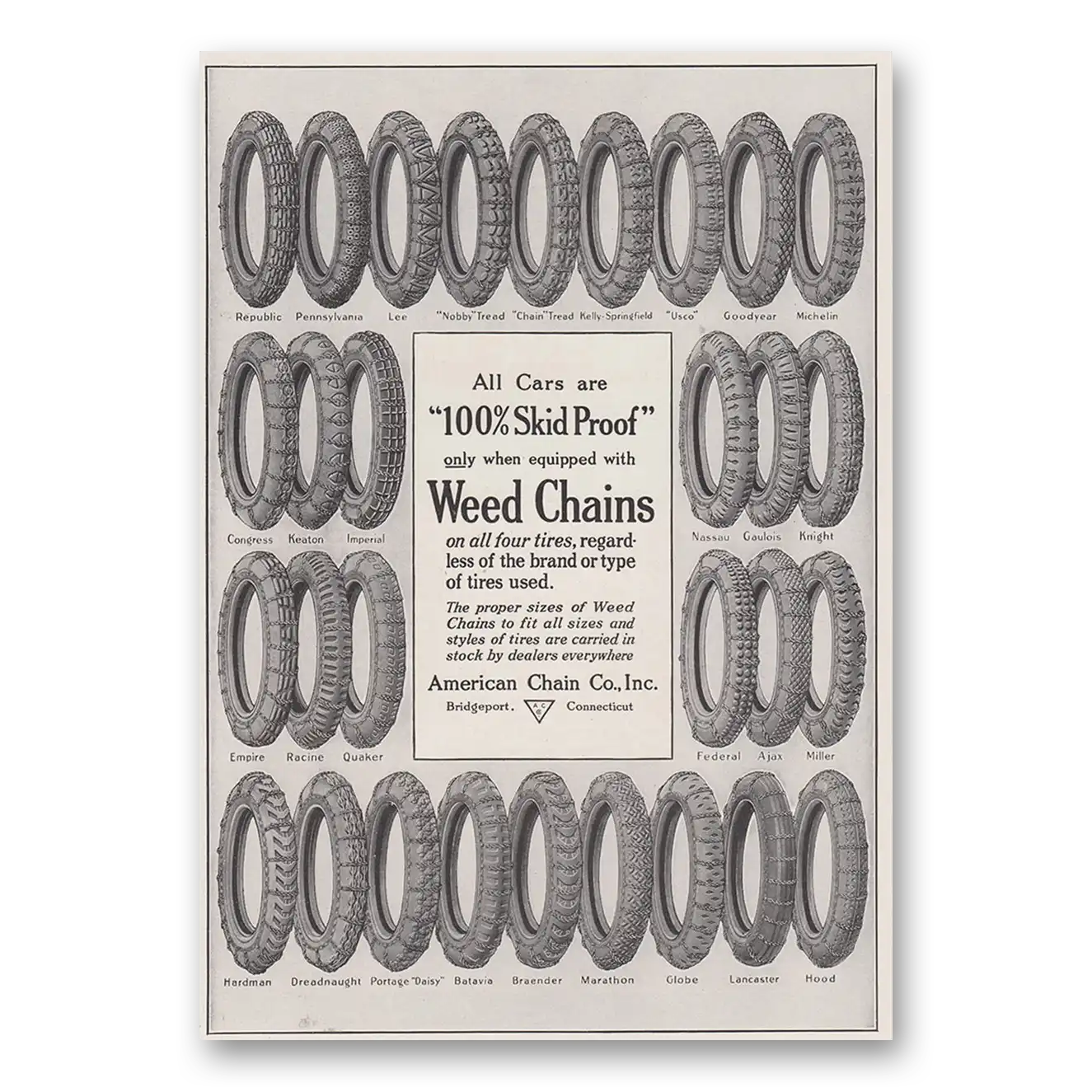 1917 American Chain Company All Cars Are 100 Percent Skid Proof Vintage Magazine Print Ad