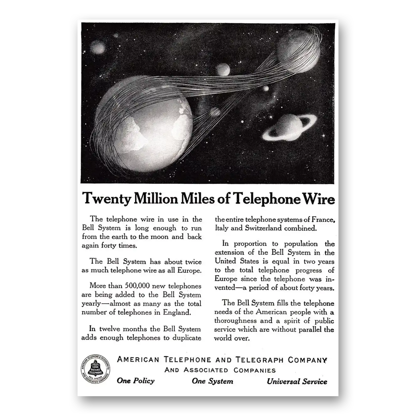 1917 American Telephone Twenty Million Miles of Telephone Wires Vintage Magazine Print Ad