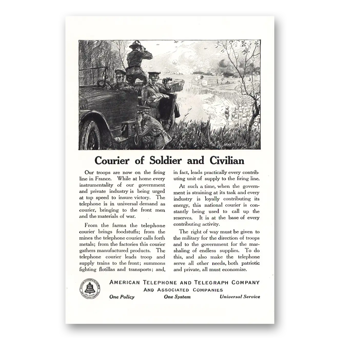 1917 American Telephone Courier Soldier and Civilian Vintage Magazine Print Ad